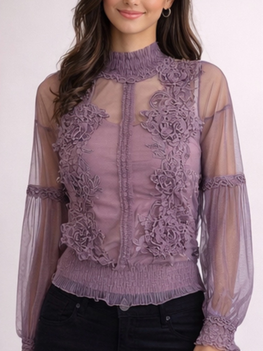 🔥Lace Applique Sheer Mock-Neck Top - Lavender NWOT comes with undershirt🔥 NWOT